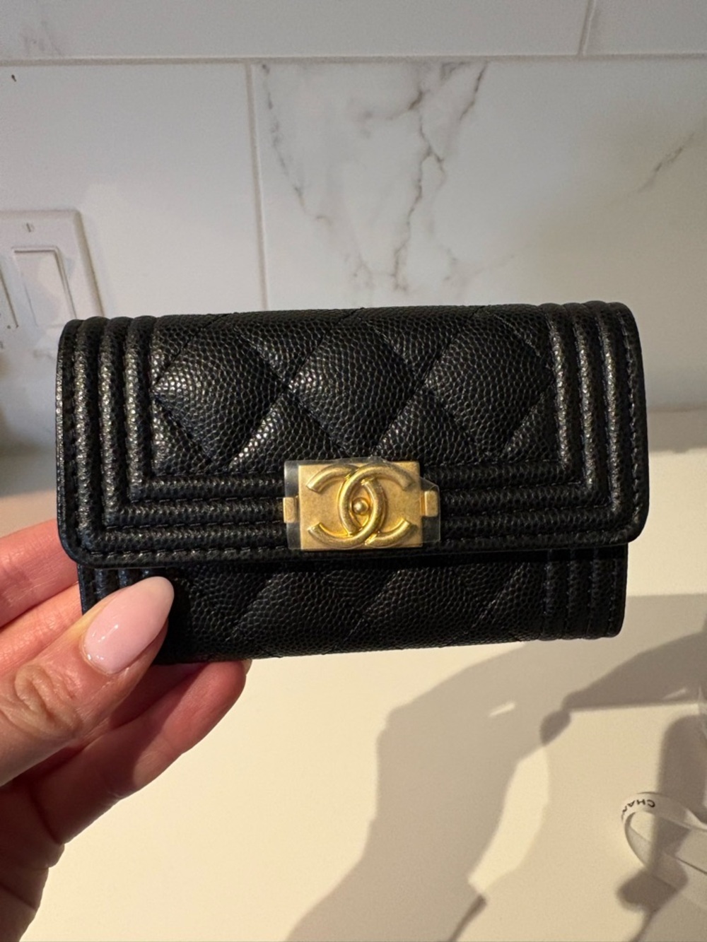 NEW CHANEL Boy Card Holder Quilted Caviar Black & Gold Pouch & Tag